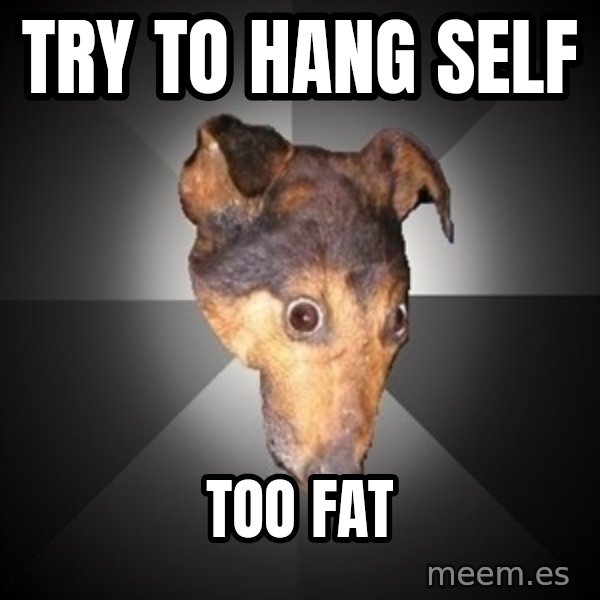 Depression Dog meme: Try to hang self / too fat