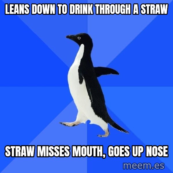 Socially Awkward Penguin meme: Leans down to drink through a straw / straw misses mouth, goes up nose