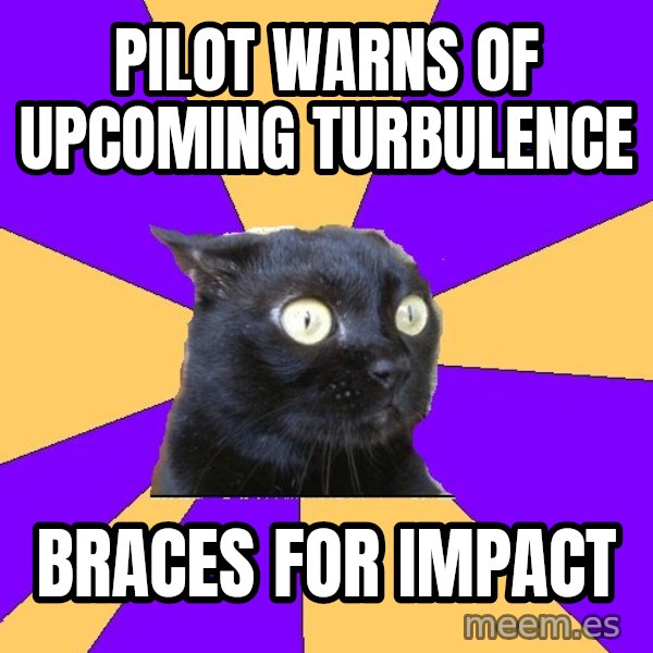 Anxiety Cat meme: pilot warns of upcoming turbulence / braces for impact