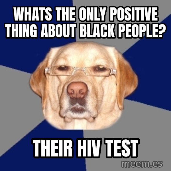 Racist Dog meme: whATS THE ONLY POSITIVE THING ABOUT BLACK PEOPLE? / THEIR hiv TEST