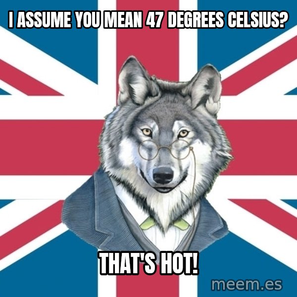 Sir Courage Wolf Esquire meme: i ASSUME YOU MEAN 47 DEGREES CELSIUS? / THAT'S HOT!
