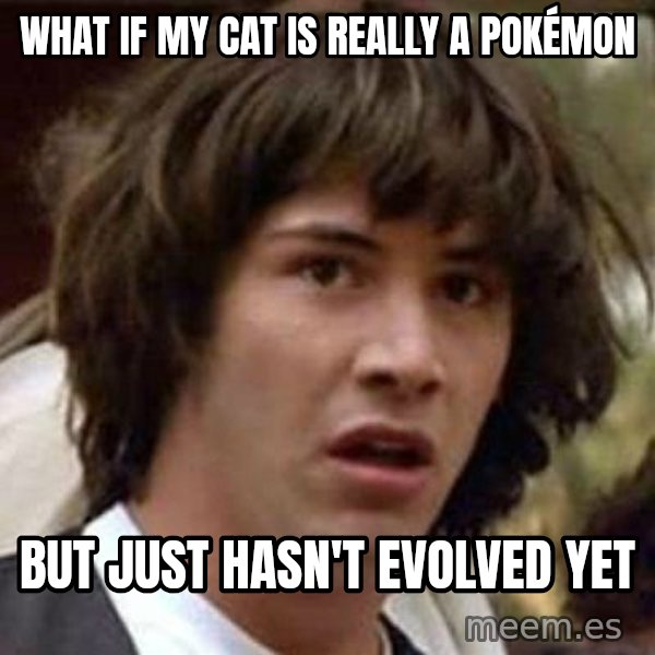 Conspiracy Keanu meme: what if my cat is really a pokémon / but just hasn't evolved yet