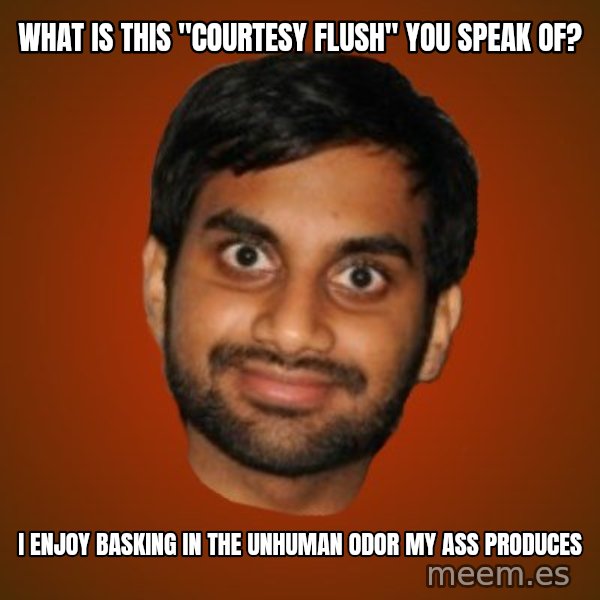 Generic Indian Guy meme: what is this "courtesy flush" you speak of? / I enjoy basking in the unhuman odor my ass produces