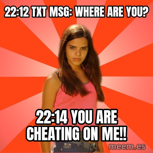 Jealous Girl meme: 22:12 TXT MSG: where are you? / 22:14 YOU ARE CHEATING ON ME!!