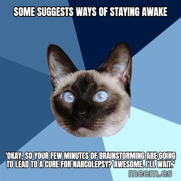 Chronic Illness Cat meme: some suggests ways of staying awake / 'okay, so your few minutes of brainstorming are going to lead to a cure for narcolepsy? awesome. i'll wait.'
