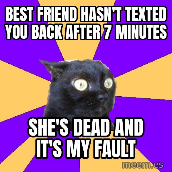 Anxiety Cat meme: BEST FRIEND HASN'T TEXTED YOU BACK AFTER 7 MINUTES / SHE'S DEAD and it's my fault