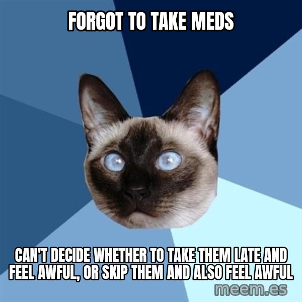 Chronic Illness Cat meme: forgot to take meds / can't decide whether to take them late and feel  awful, or skip them and also feel awful