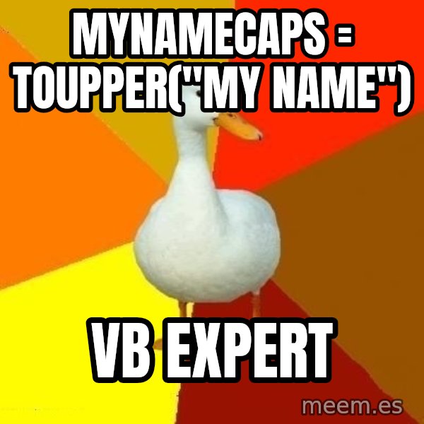 Technologically Impaired Duck meme: mynamecaps = toupper("my name") / VB expert