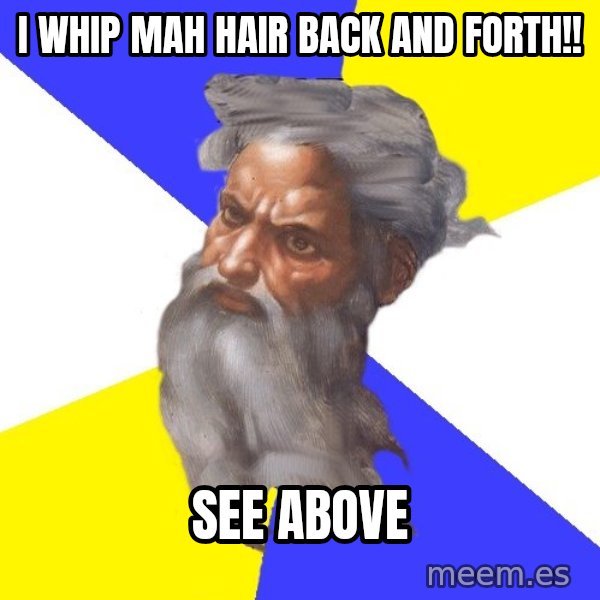 God meme: I wHIP mah hair back and forth!! / see above