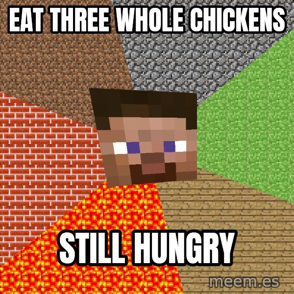 Minecraft Guy meme: eat three whole chickens / still hungry