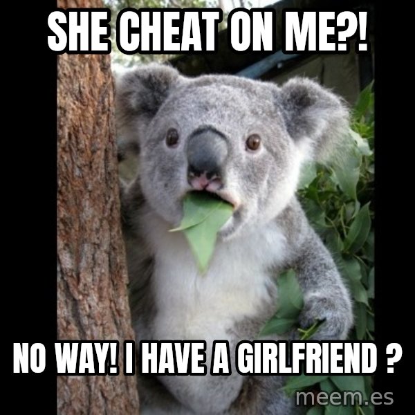 Koala can't believe it meme: She cheat on me?! / No way! I haVe a giRlfriEnd ?