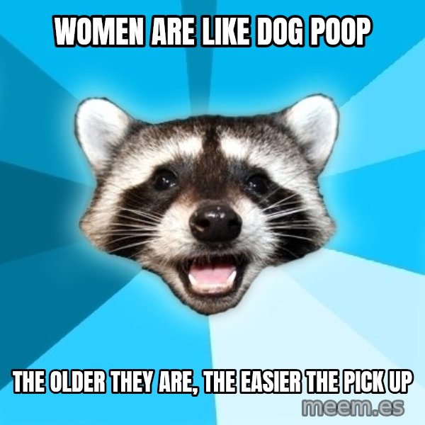 Lame Pun Coon meme: women are like dog poop / the older they are, the easier the pick up