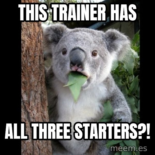 Koala can't believe it meme: this trainer has / all three starters?!