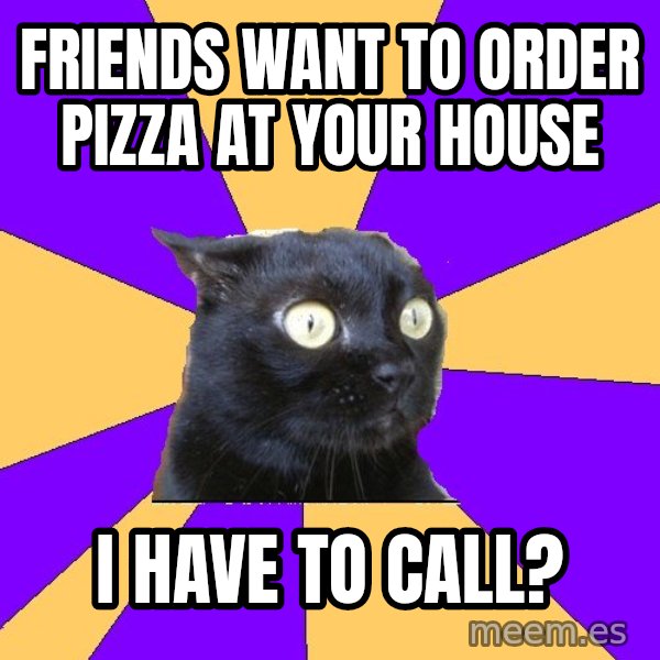Anxiety Cat meme: friends want to order pizza at your house / i have to call?