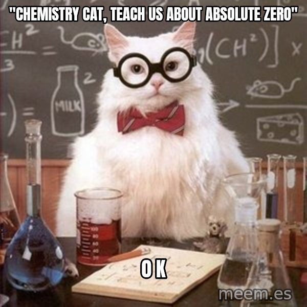 Chemistry Cat meme: "Chemistry Cat, teach us about absolute zero" / 0 k