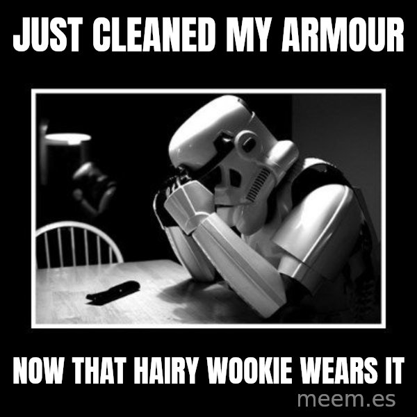 Sad Trooper meme: just cleaned my armour / now that hairy wookie wears it