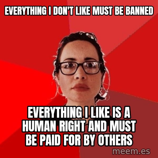 Liberal Douche Garofalo meme: Everything I don't like must be banned / Everything I like is a human right and must be paid for by others