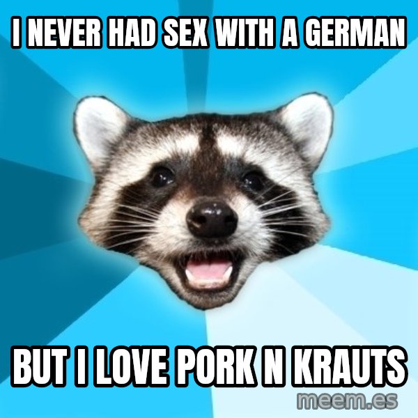 Lame Pun Coon meme: I never had sex with a german / but i love pork n krauts