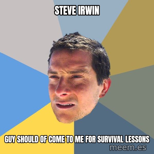 Bear Grylls meme: steve irwin / guy should of come to me for survival lessons