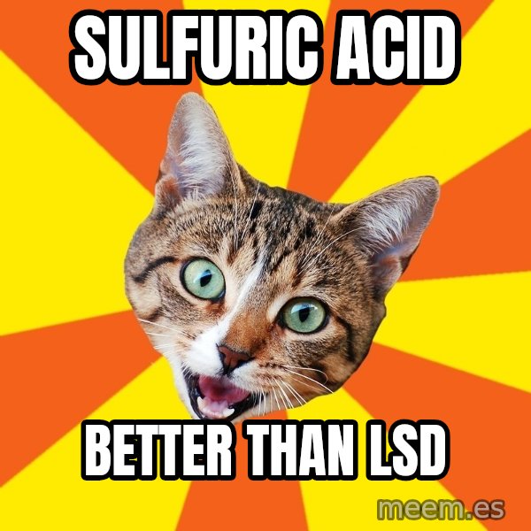 Bad Advice Cat meme: Sulfuric acid / Better than LSD