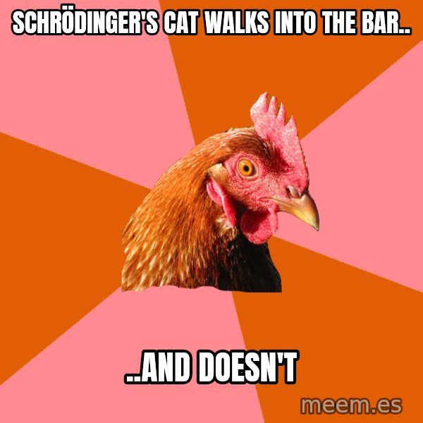 Anti Joke Chicken meme: Schrödinger's cat walks into the bar.. / ..and doesn't