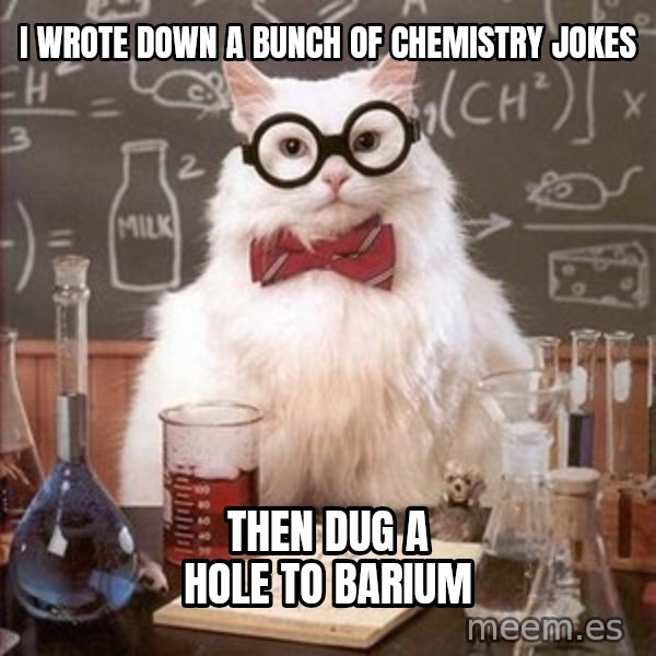 Chemistry Cat meme: I wrote down a bunch of chemistry jokes / then dug a hole to barium