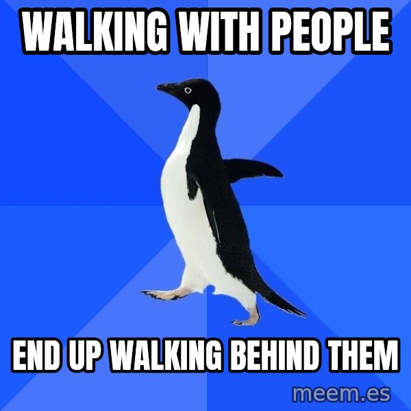 Socially Awkward Penguin meme: WALKING WITH PEOPLE / END UP WALKING BEHIND THEM