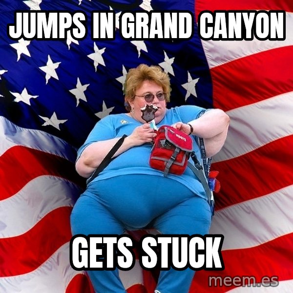 Obese American meme: Jumps in grand canyon / gets stuck