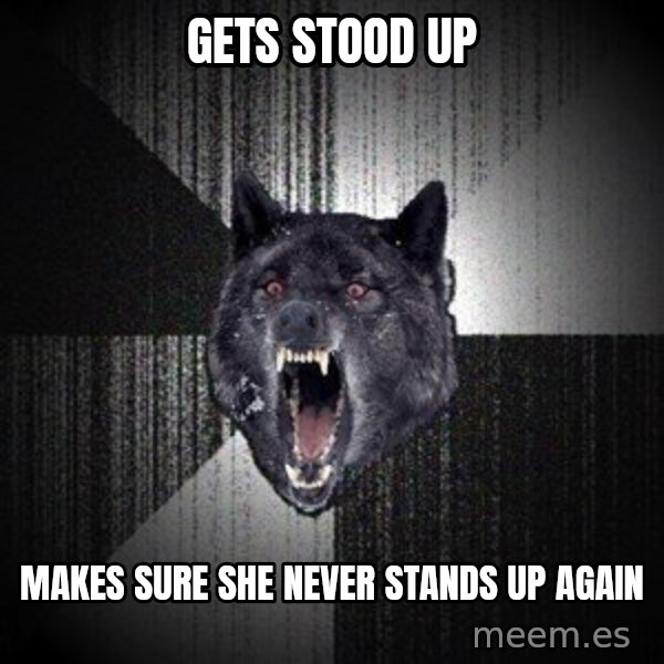 Insanity Wolf meme: gets stood up / makes sure she never stands up again
