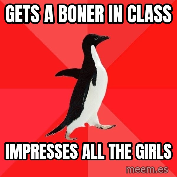 Socially Awesome Penguin meme: Gets a boner in class / Impresses all the girls