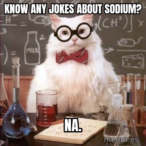 Chemistry Cat meme: Know any jokes about sodium? / Na.