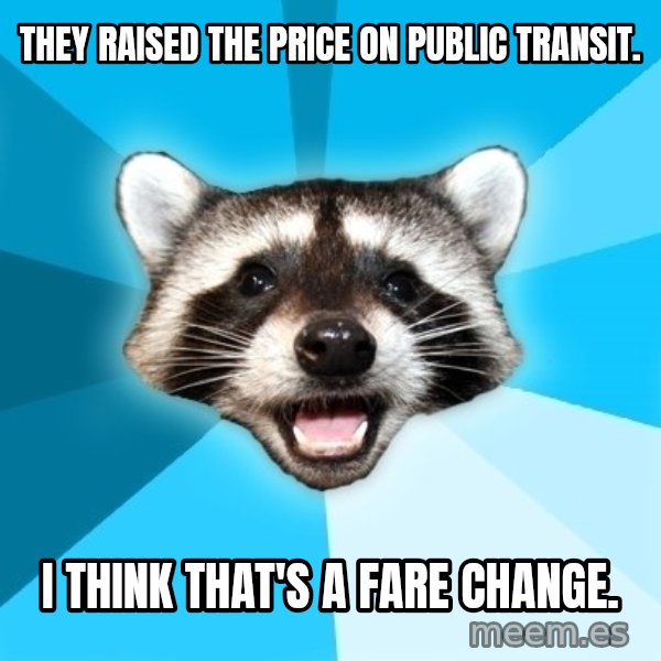 Lame Pun Coon meme: They raised the price on public transit. / I think that's a fare change.