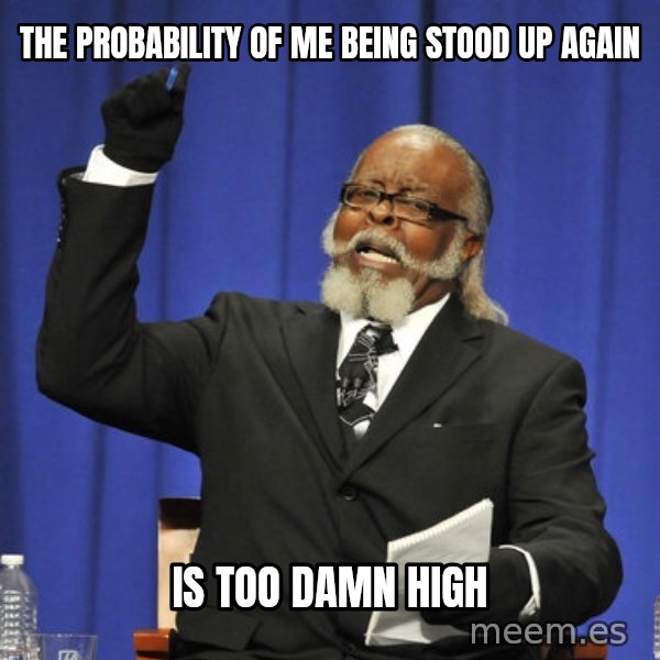 Rent Is Too Damn High meme: The probability of me being stood up again / is too damn high