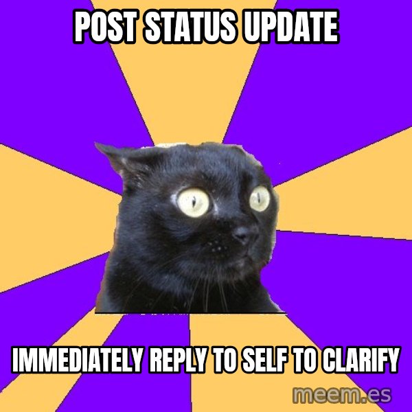 Anxiety Cat meme: post STATUS update / immediately reply to self to clarify