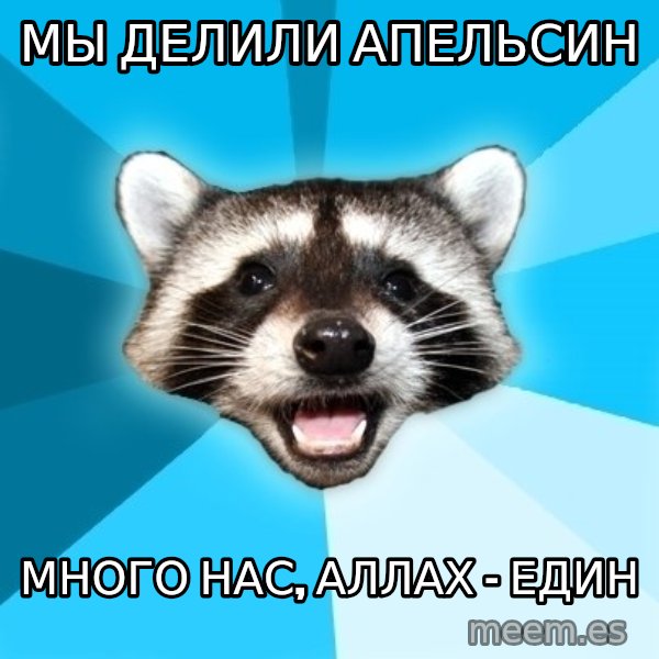 Lame Pun Coon meme: Мы делили апельсин / много нас, аллах - един