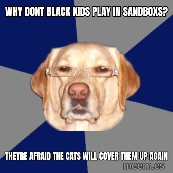 Racist Dawg meme: why dont black kids play in sandboxs? / theyre afraid the cats will cover them up again