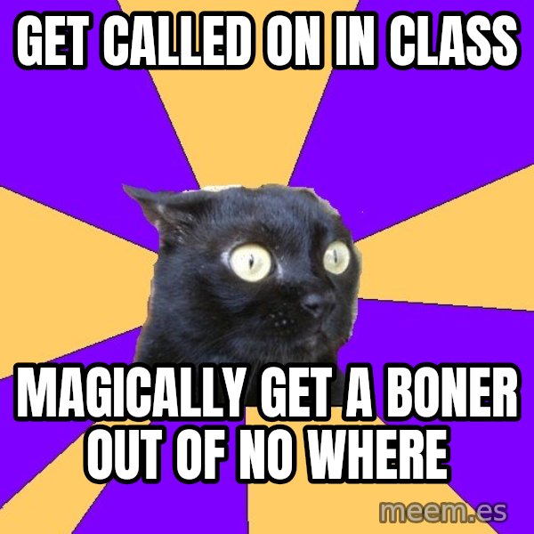 Anxiety Cat meme: get called on in class / MAGICALLY GET A BONER OUT OF NO WHERE