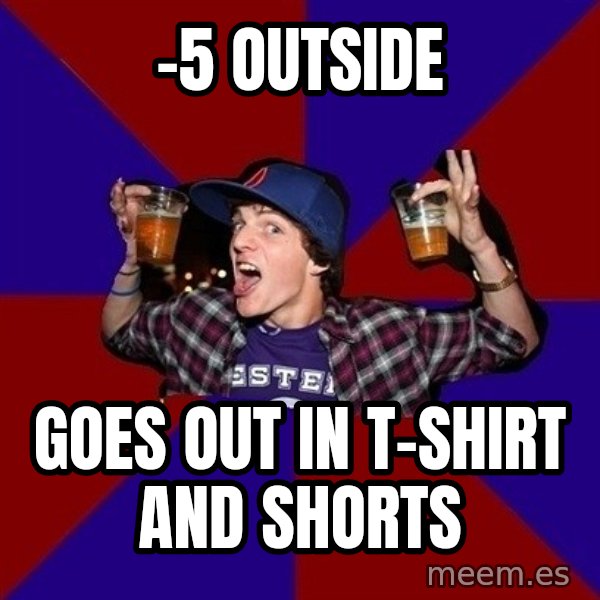 Sunny Student meme: -5 outside / goes out in t-shirt and shorts