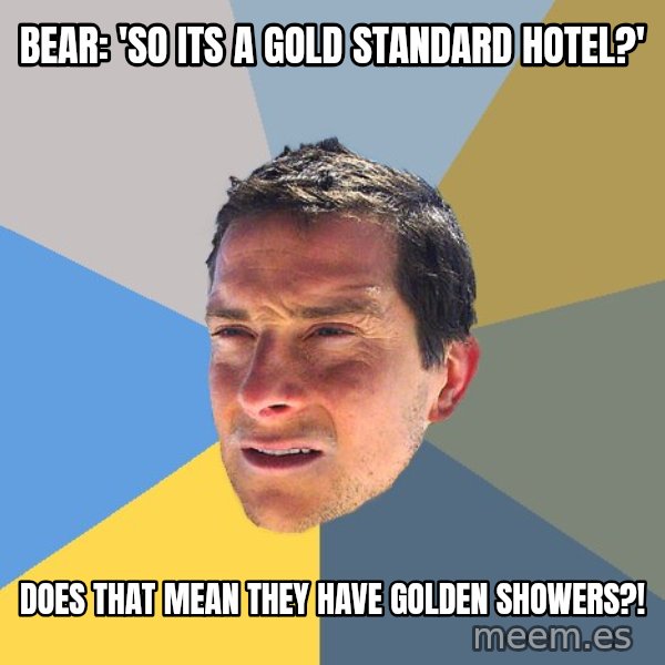 Bear Grylls meme: bear: 'so its a gold standard hotel?' / Does that mean they have golden showers?!