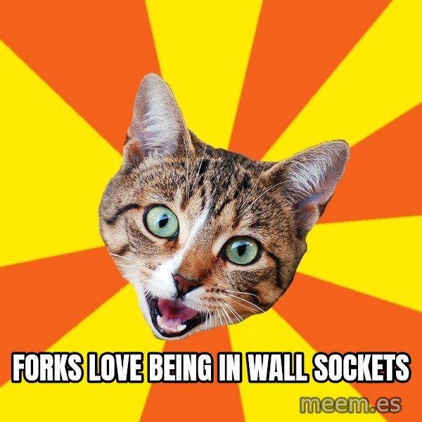 Bad Advice Cat meme: forks love being in wall sockets