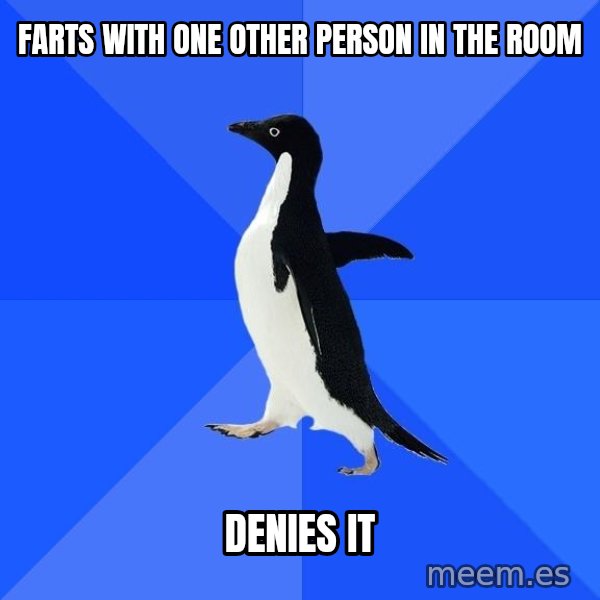 Socially Awkward Penguin meme: fartS with one other person in the room / denies it