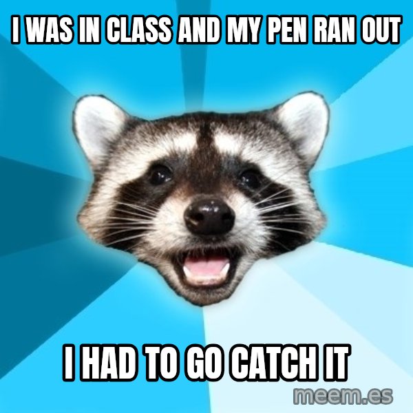 Lame Pun Coon meme: i was in class and my pen ran out / i had to go catch it