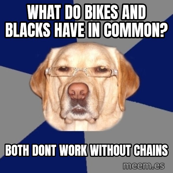 Racist Dog meme: what do bikes and blacks have in common? / both dont work without chains