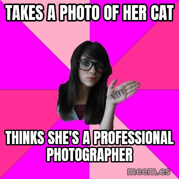 Idiot Nerd Girl meme: Takes a photo of her cat / Thinks she's a professional photographer