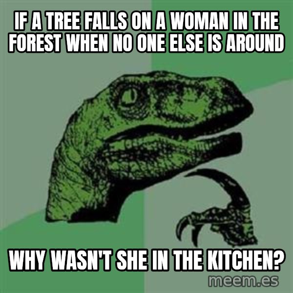 Philosoraptor meme: if a tree falls on a woman in the forest when no one else is around / why wasn't she in the kitchen?