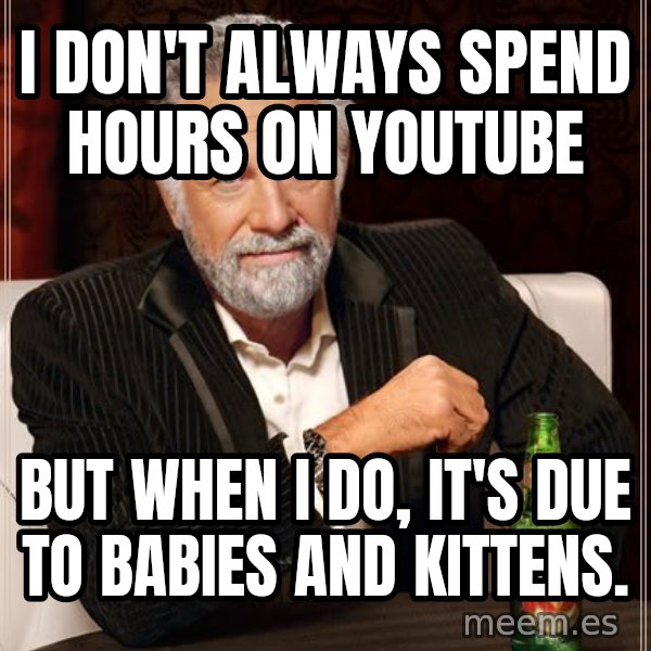 The Most Interesting Man In The World meme: I don't always spend hours on youTube / But when I do, It's due to babies and kittens.
