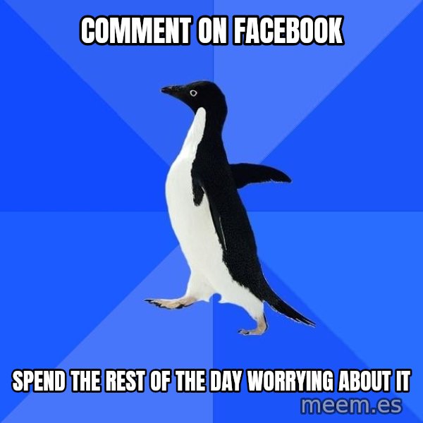 Socially Awkward Penguin meme: comment on facebook / spend the rest of the day worrying about it