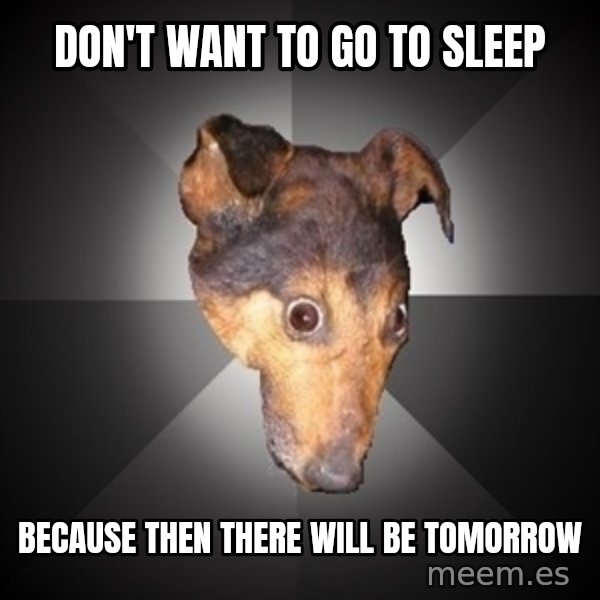 Depression Dog meme: Don't want to go to sleep / because then there will be tomorrow
