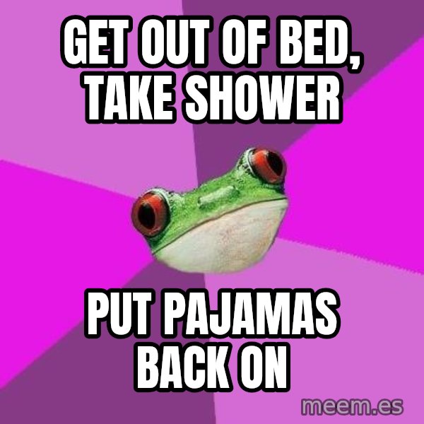 Foul Bachelorette Frog meme: Get out of bed, take shower / put pajamas back on