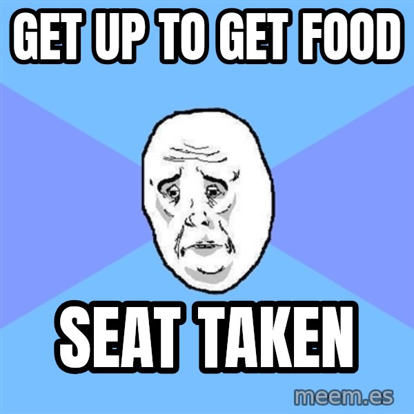 Okay Guy meme: Get up to get food / Seat taken
